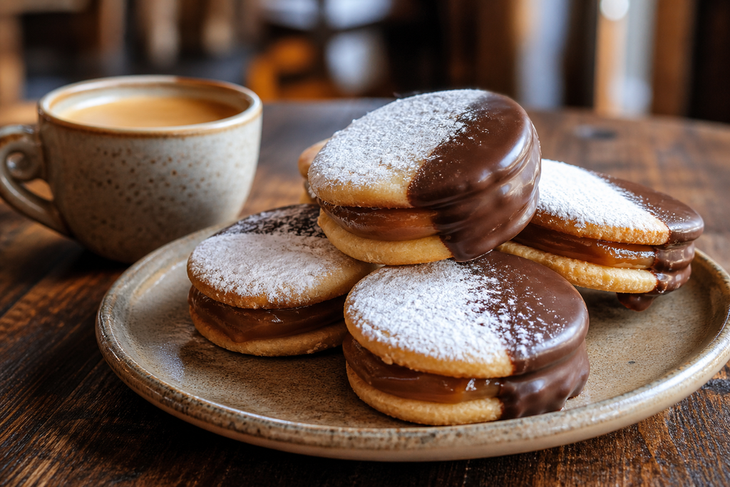 Alfajores artesanales de Amapola, bañados en chocolate y espolvoreados con azúcar impalpable