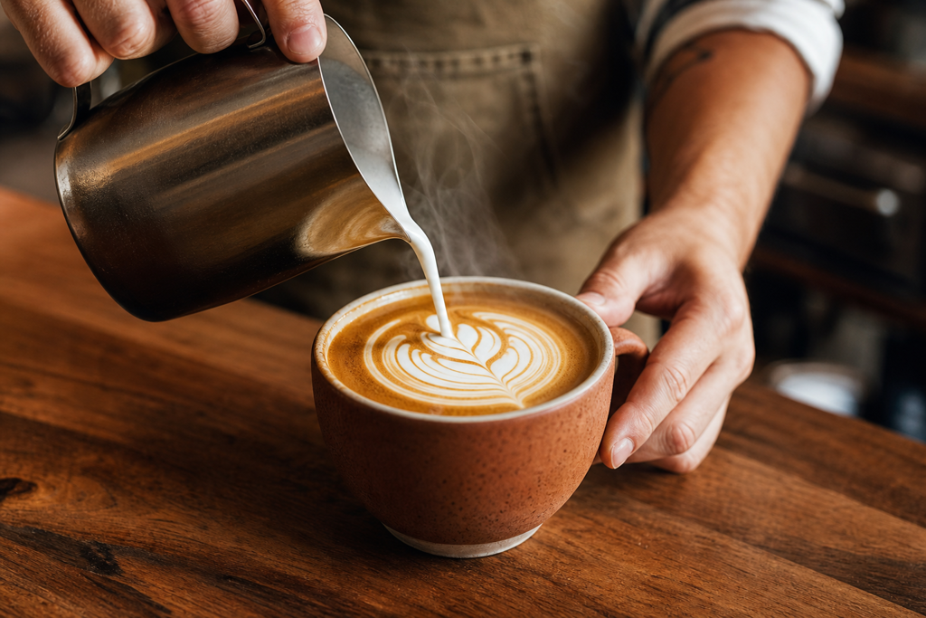 Barista de Amapola preparando un café de especialidad con arte de latte sobre la taza