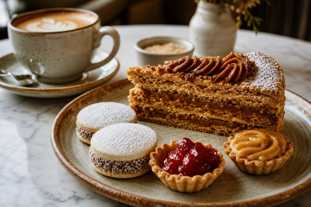 Torta artesanal, masas finas y alfajores en el mostrador de Amapola Pastelería